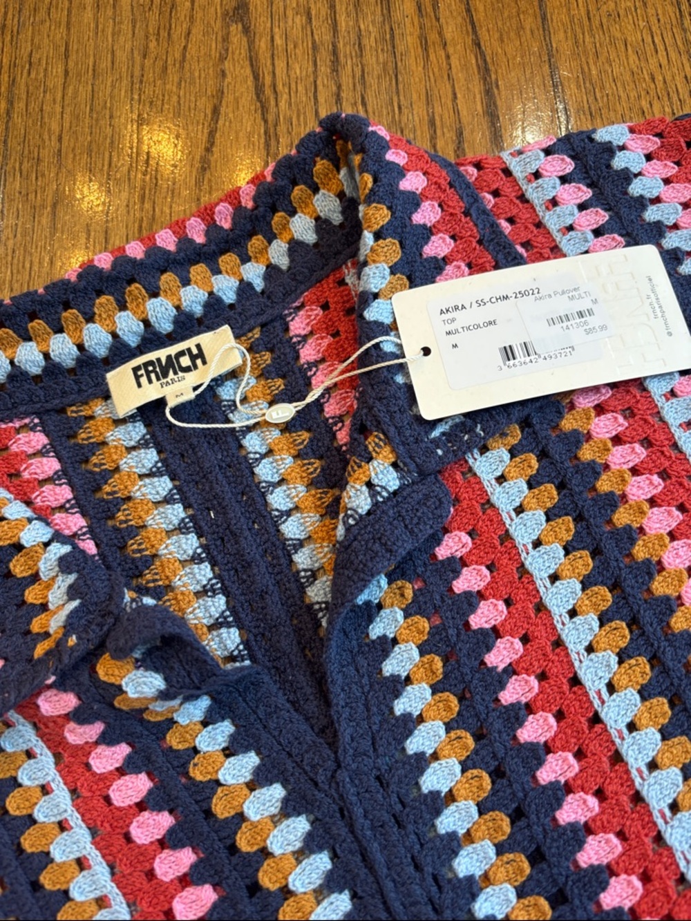 FRNCH Multicolor Crochet Polo Top - Navy, Pink, Orange, Yellow - Picture 2 of 2